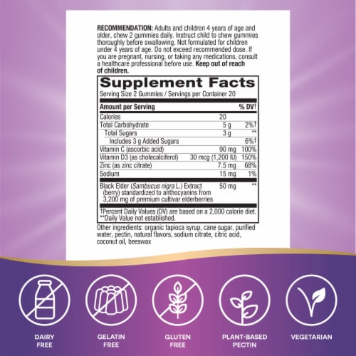 Nature’s Way Sambucus Immune Elderberry with Zinc Vitamins C D3 Gummies Perspective: left