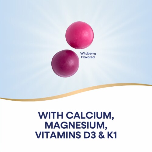 Nature's Way Kids Growing Bones and Muscles Calcium Magnesium Vitamins D3 K1 Wildberry Gummies Perspective: left