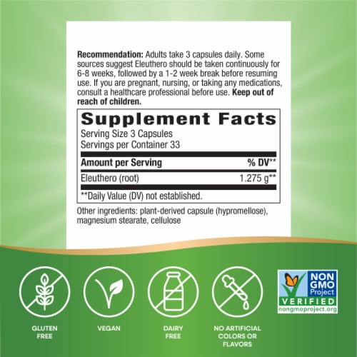Nature's Way Siberian Eleuthero Root Vegan Capsules 1275 mg Per 3 Capsule Serving Perspective: left