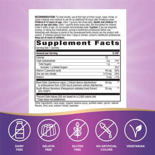 Nature's Way Sambucus Cough Relief + Immune South African Geranium Root Extract Elderberry Gummies Perspective: left