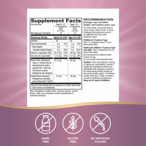 Nature’s Way Cough Relief + Immune South African Geranium with Elderberry Vitamin C and Zinc Syrup Perspective: left
