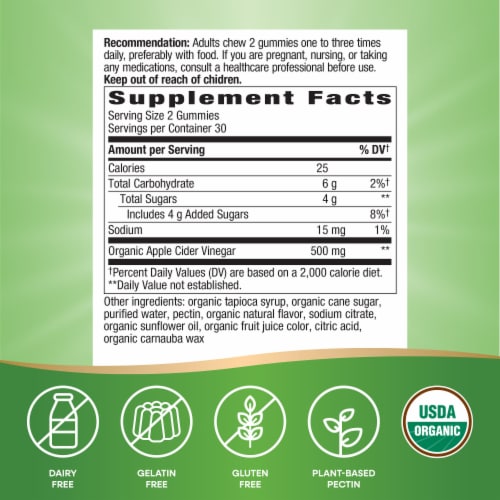 Nature’s Way Organic Apple Cider Vinegar Apple Flavored Gummies 500 mg Per 2 Gummy Serving Perspective: left