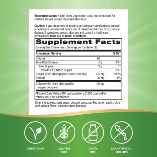 Nature’s Way Chlorofresh Chlorophyll Chlorophyllin Copper Complex Orchard Fruit Flavored Gummies Perspective: left