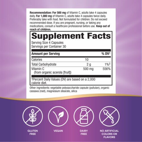 Nature's Way Alive! Vitamin C Made with Organic Acerola Cherries Immune Support Capsules Perspective: left