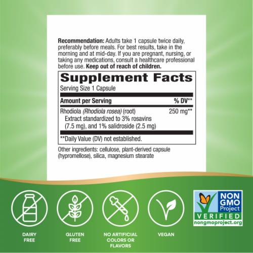 Nature's Way Rhodiola Rosea Standardized Vegan Capsules 250mg Perspective: left