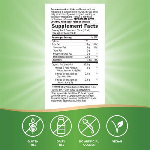 Nature's Way Organic Flax Omega 3 Omega 9 Omega 6 USDA Organic Cold Press Unrefined Oil Perspective: left