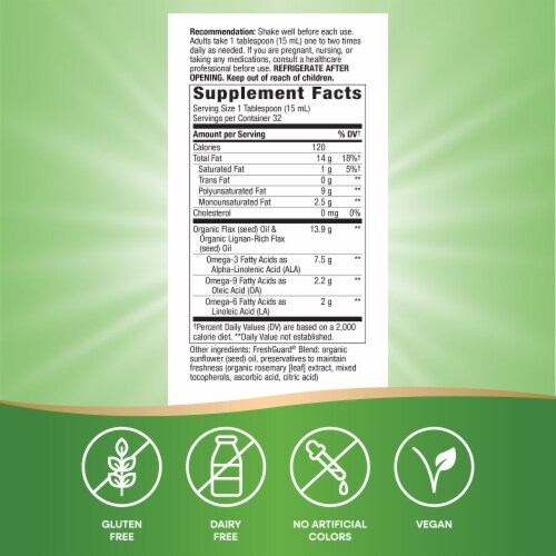 Nature's Way Organic Flax Oil Super Lignan Omega Fatty Acids Cold-Pressed 16 Fl Oz Perspective: left