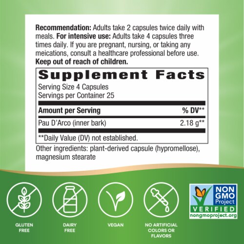 Nature's Way Pau d'Arco Inner Bark Capsules 2,180 mg per 4-Capsule Serving Capsules Perspective: left