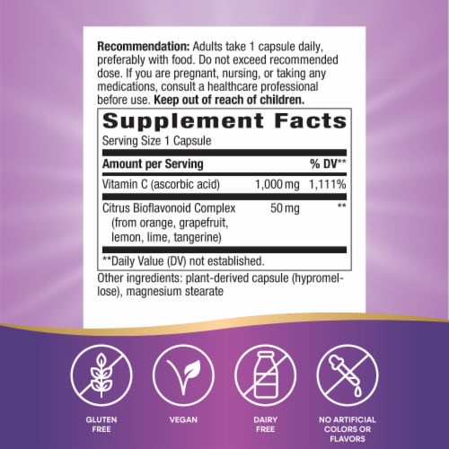 Nature’s Way Extra Strength Vitamin C with Bioflavonoids Vegan Capsules 1,000 mg Per Capsule Perspective: left