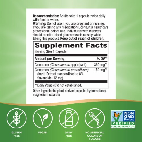 Nature’s Way Cinnamon Premium Extract With Cinnamon Bark Extract 8% Flavonoids Capsules Perspective: left