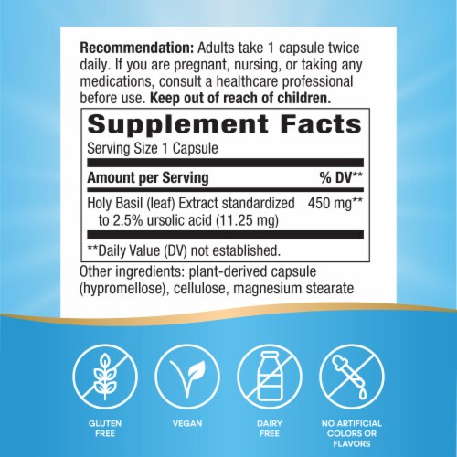 Nature’s Way Holy Basil Premium Extract Stress Support Vegan Capsules 450 mg per Serving Perspective: left