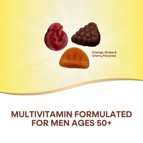 Nature's Way Alive! Men's 50+ Premium Multivitamin Orange Grape and Cherry Flavored Gummy Perspective: left
