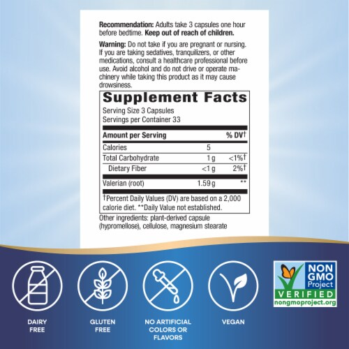 Nature's Way Valerian Root Traditional Sleep Support Vegan Capsules 1590 mg Per 3 Capsule Serving Perspective: left