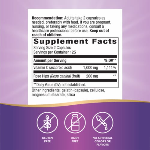 Nature's Way Vitamin C-500 with Rose Hips Capsules 1000mg Perspective: left