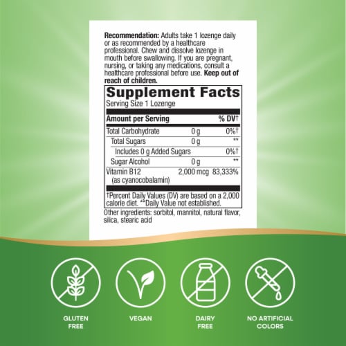 Nature’s Way Vitamin B-12 Vegan Cherry Flavored Lozenges 2,000 mcg Vitamin B12 per Lozenge Perspective: left