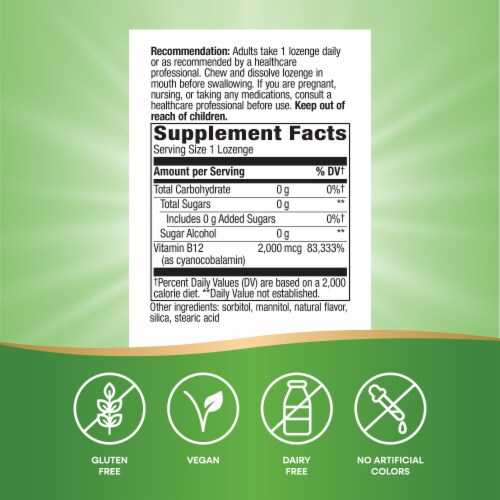 Nature’s Way Vitamin B-12 Vegan Cherry Flavored Lozenges 2,000 mcg Vitamin B12 per Lozenge Perspective: left