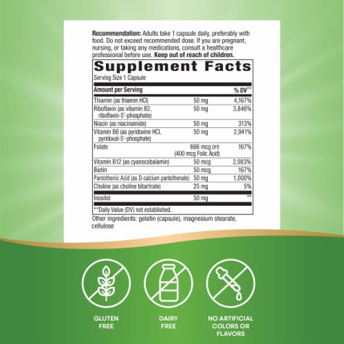 Nature's Way B-50 Complex Supports Cellular Energy and Nerve Health Support High Potency Capsules Perspective: left