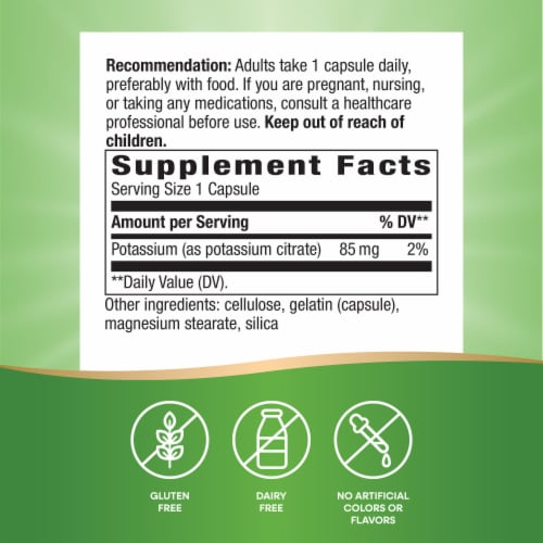 Nature's Way Potassium Supports Heart and Muscle Function Capsules 99 mg Per Serving Perspective: left