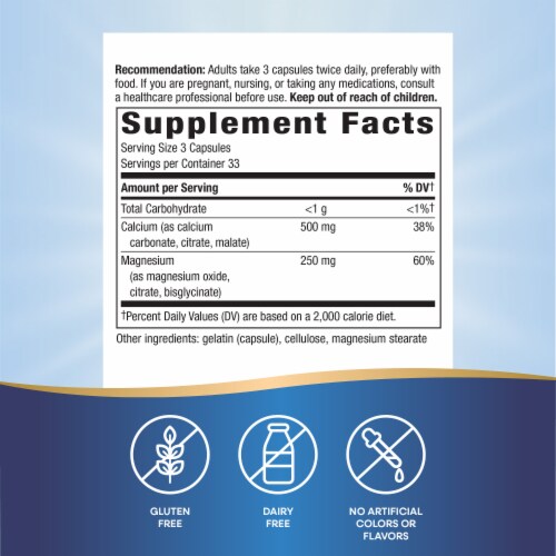 Nature's Way Calcium and Magnesium Mineral Complex Capsules 750 mg Per 3 Capsule Serving Perspective: left