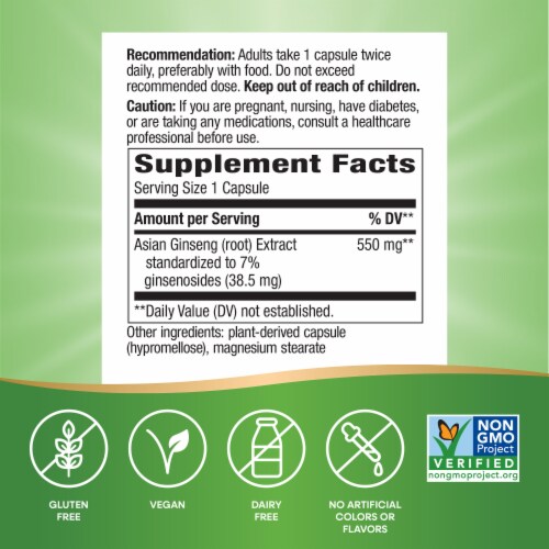 Nature's Way Asian Ginseng Premium Extract Adaptogenic Herb Capsules 550 mg per Serving Perspective: left