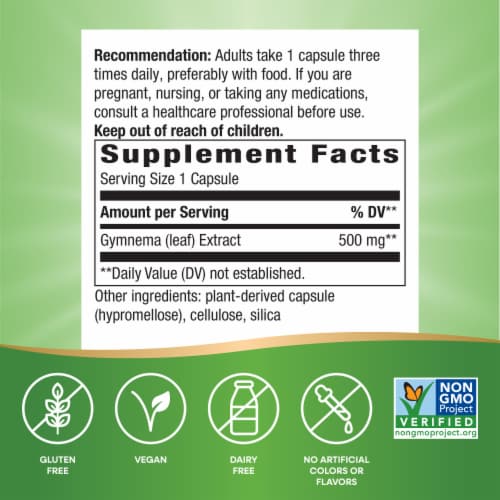 Nature's Way Gymnema Premium Extract Supports Carbohydrate Metabolism Capsules 500 mg per Serving Perspective: left