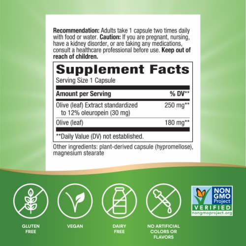 Nature's Way® Olive Leaf Standardized Vegan Capsules Perspective: left