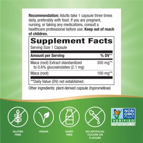 Nature's Way Maca Premium Extract Supports Healthy Libido Capsules 350 mg Per Serving Perspective: left