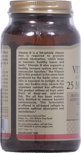 Solgar Vitamin D3 1000 IU Dietary Supplement Softgels Perspective: left