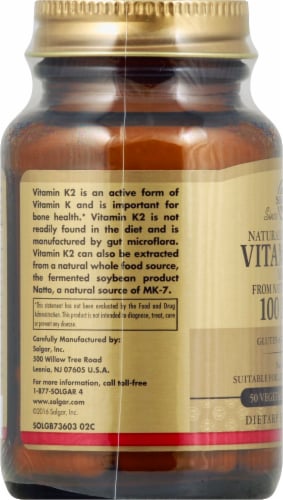 Solgar Natural Vitamin K2 MK-7 From Natto Extract Vegetable Capsules 100 mcg Perspective: left
