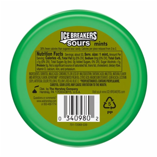 ICE BREAKERS Sours Assorted Fruit Flavored Sugar Free Mints Tin Perspective: left