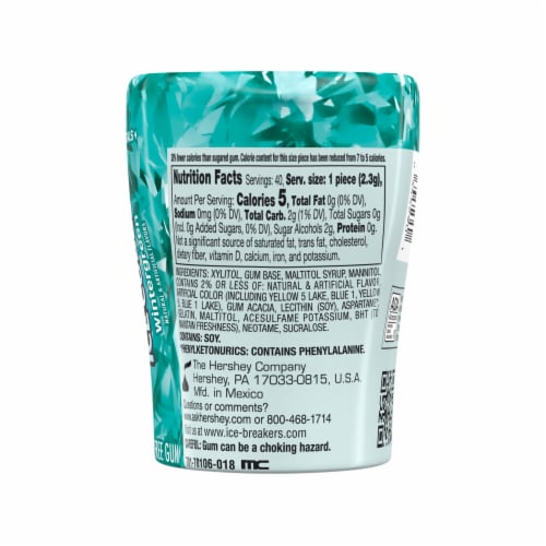 ICE BREAKERS ICE CUBES Wintergreen Flavored Sugar Free Chewing Gum Bottle Perspective: left