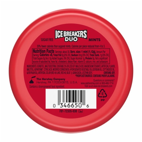 ICE BREAKERS Duo Fruit Plus Cool Strawberry Sugar Free Mints Tin Perspective: left