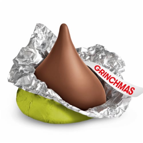 HERSHEY'S KISSES Grinch Milk Chocolate Christmas Candy Bulk Bag Perspective: left