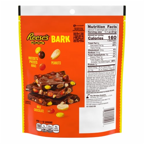 REESE'S PIECES Milk Chocolate Candy with Peanuts Bark Bag Perspective: left