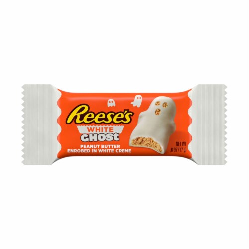 Reese's Halloween White Creme Peanut Butter Cup Ghost Snack Size Candy Perspective: left