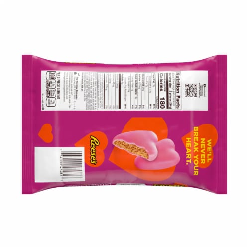 REESE'S Pink Colored Creme Peanut Butter Hearts Snack Size Valentine Candy Bag Perspective: left