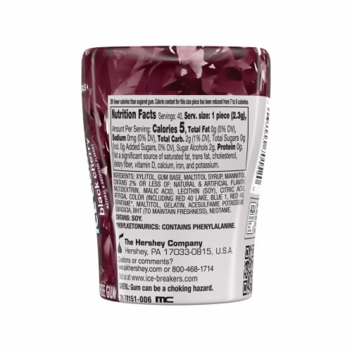 ICE BREAKERS Ice Cubes Black Cherry Sugar Free Chewing Gum Bottle Perspective: left