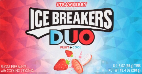 Ice Breakers Duo Strawberry + Cool Sugar Free Mints Tins Case Sale Perspective: left