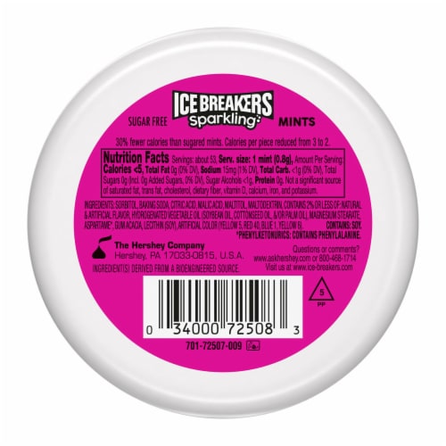 ICE BREAKERS Sparkling Raspberry Lemon Seltzer Flavored Sugar Free Mints Puck Perspective: left
