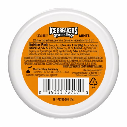 ICE BREAKERS Sparkling Pineapple Mango Seltzer Sugar Free Mints Tins Perspective: left