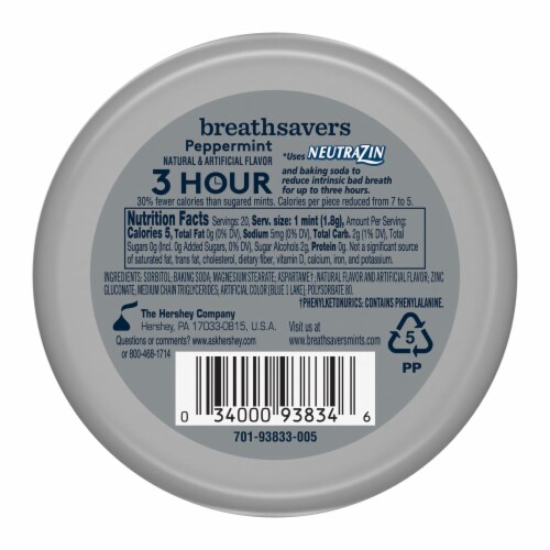 BREATH SAVERS Peppermint Flavored Sugar Free Breath Mints Tin Perspective: left