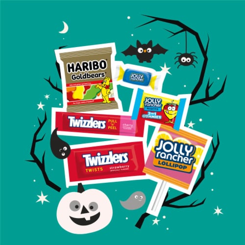 HARIBO JOLLY RANCHER and TWIZZLERS Assorted Fruit Flavors Miniatures Halloween Candy Bag Perspective: left