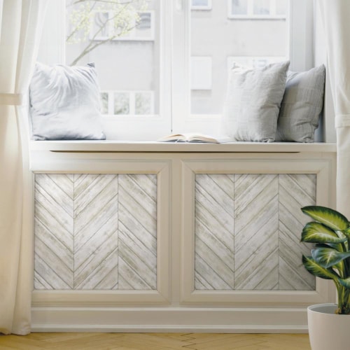RoomMates Decor Modern Herringbone Wood Boards Look Peel & Stick Wallpaper - White Perspective: left