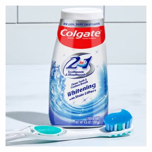 Colgate 2 in 1 Toothpaste and Whitening Mouthwash with Mint Flavor Perspective: left