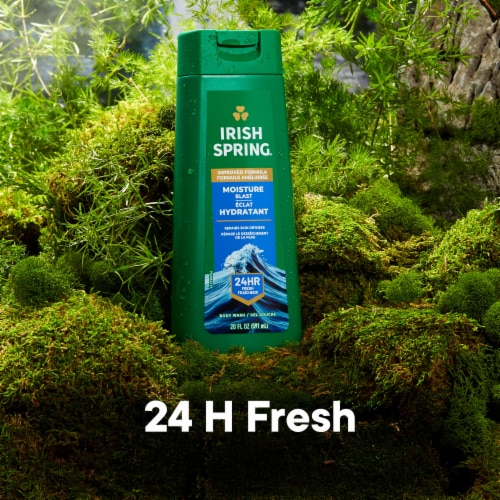 Irish Spring Moisture Blast Moisturizing Body Wash for Men 24 Hour Fresh 20 fl oz Bottle Perspective: left