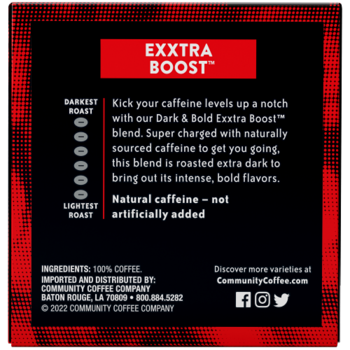 Community Coffee® Dark & Bold Exxtra Boost™ High Caffeine Blend K-Cup® Coffee Pods Perspective: left