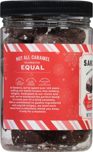Sanders® Dark Chocolate Peppermint Sea Salt Caramels Holiday Candy Perspective: left