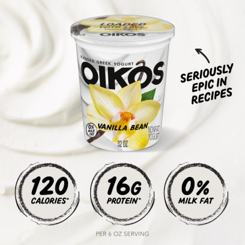 Oikos Blended Vanilla Bean Greek Nonfat Yogurt Tub Perspective: left