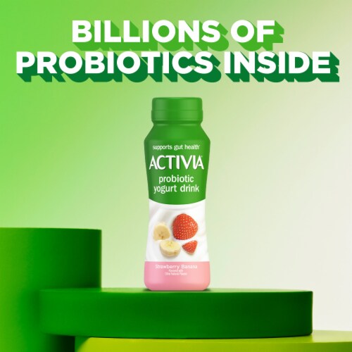Activia Probiotic Strawberry Banana Dairy Drink Bottle Perspective: left