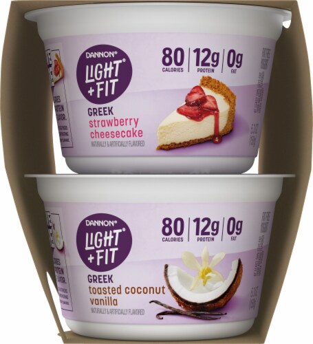 Light + Fit® Strawberry Cheesecake + Toasted Coconut Vanilla Nonfat Greek Yogurt Multipack Perspective: left